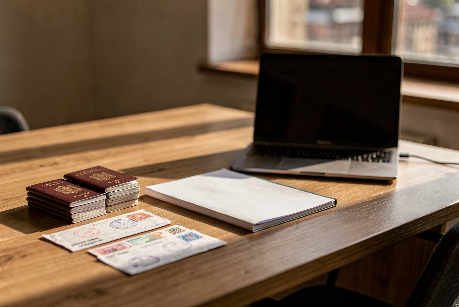 Organized desk with passport, folders, and paperwork prepared for apostille processing