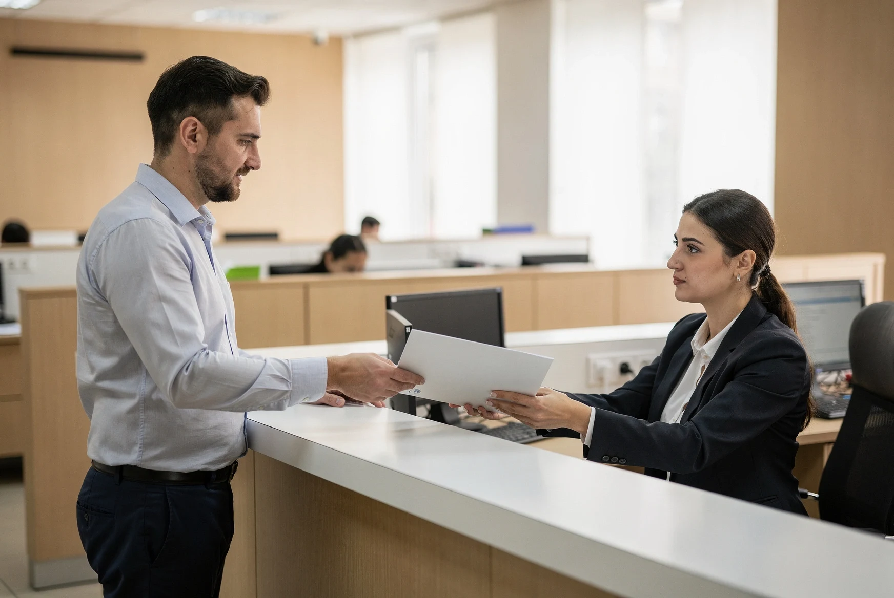Consultation at a modern Georgian service counter for official paperwork