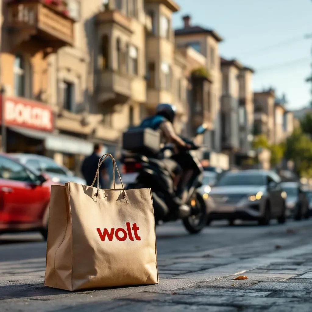 Food delivery bag on a Tbilisi street with traditional Georgian balconies in the background