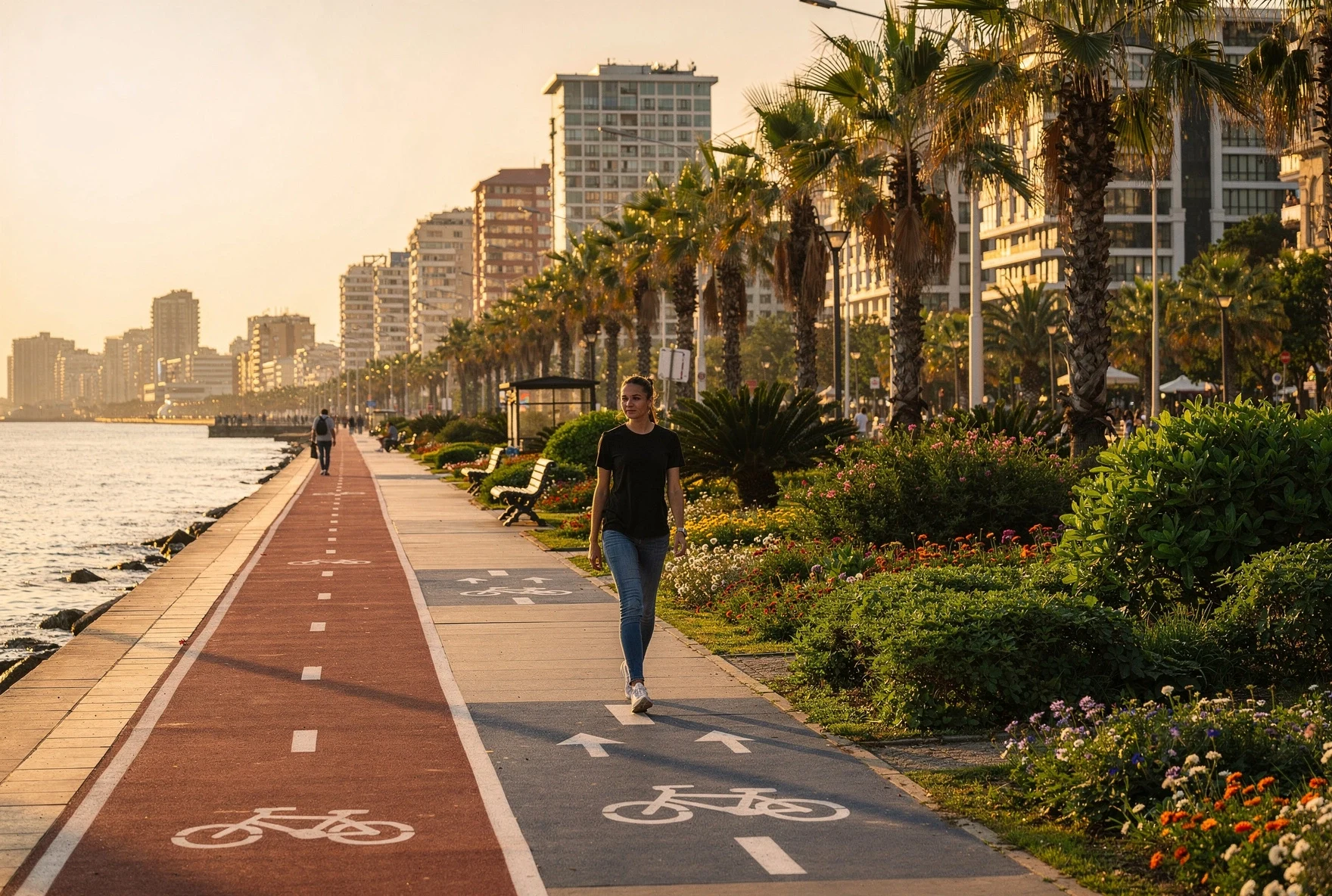 Batumi seaside boulevard with palm trees, bike lane, and modern buildings at golden hour