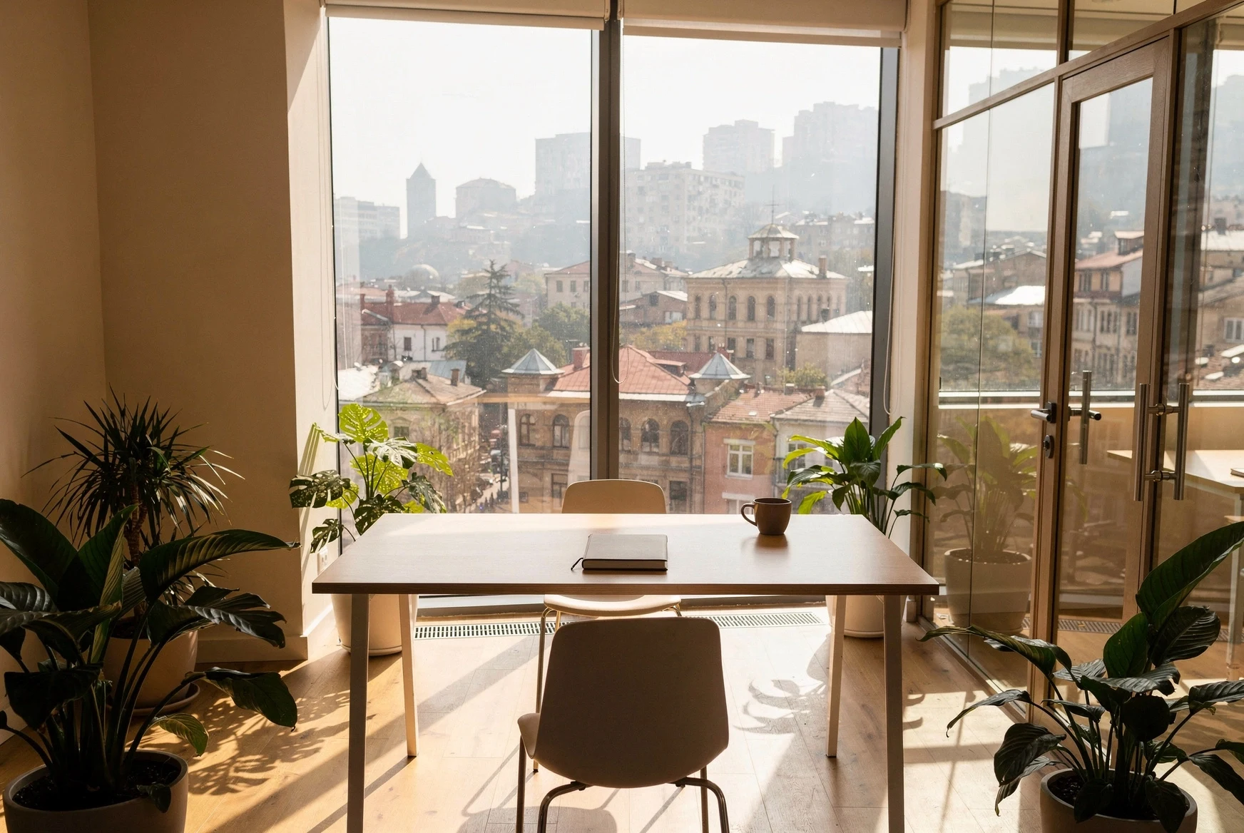 Quiet Tbilisi coworking interior with desk, notebook, plants, and city view through windows