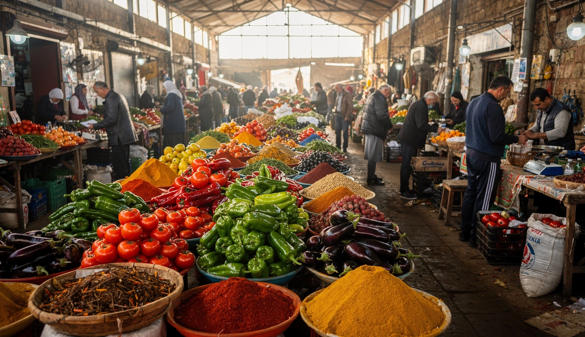 Bustling produce market in Tbilisi with colorful fruits and vegetables