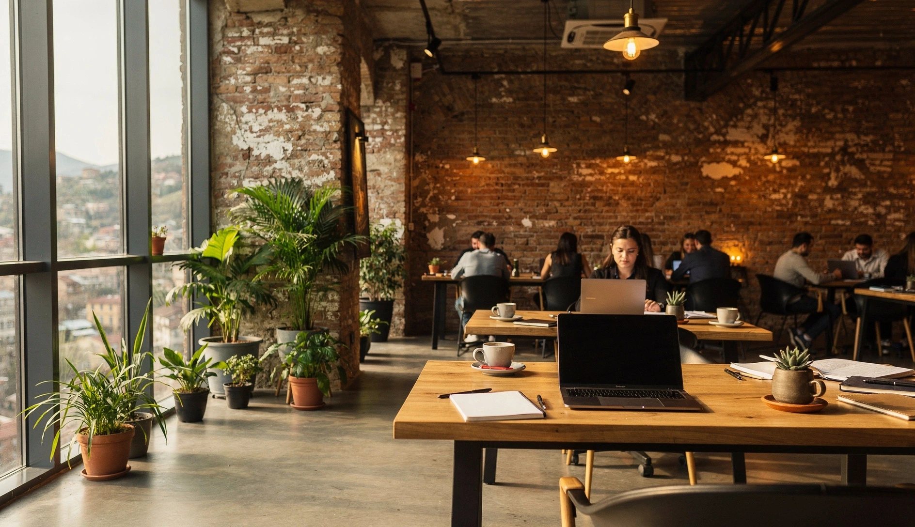 Modern coworking space in Tbilisi with exposed brick walls and natural light