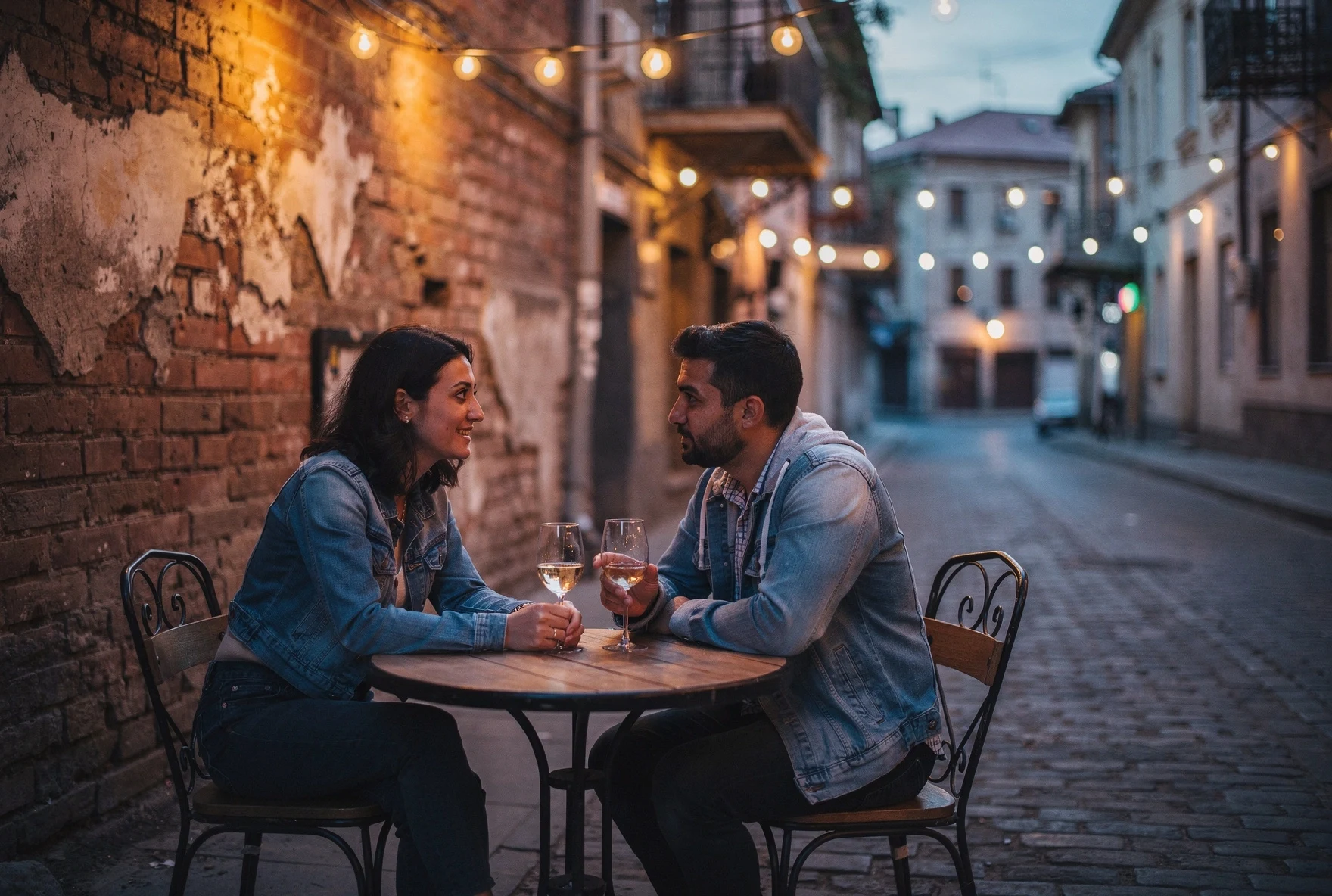 Two people sharing wine at a small outdoor cafe in Tbilisi at twilight with string lights