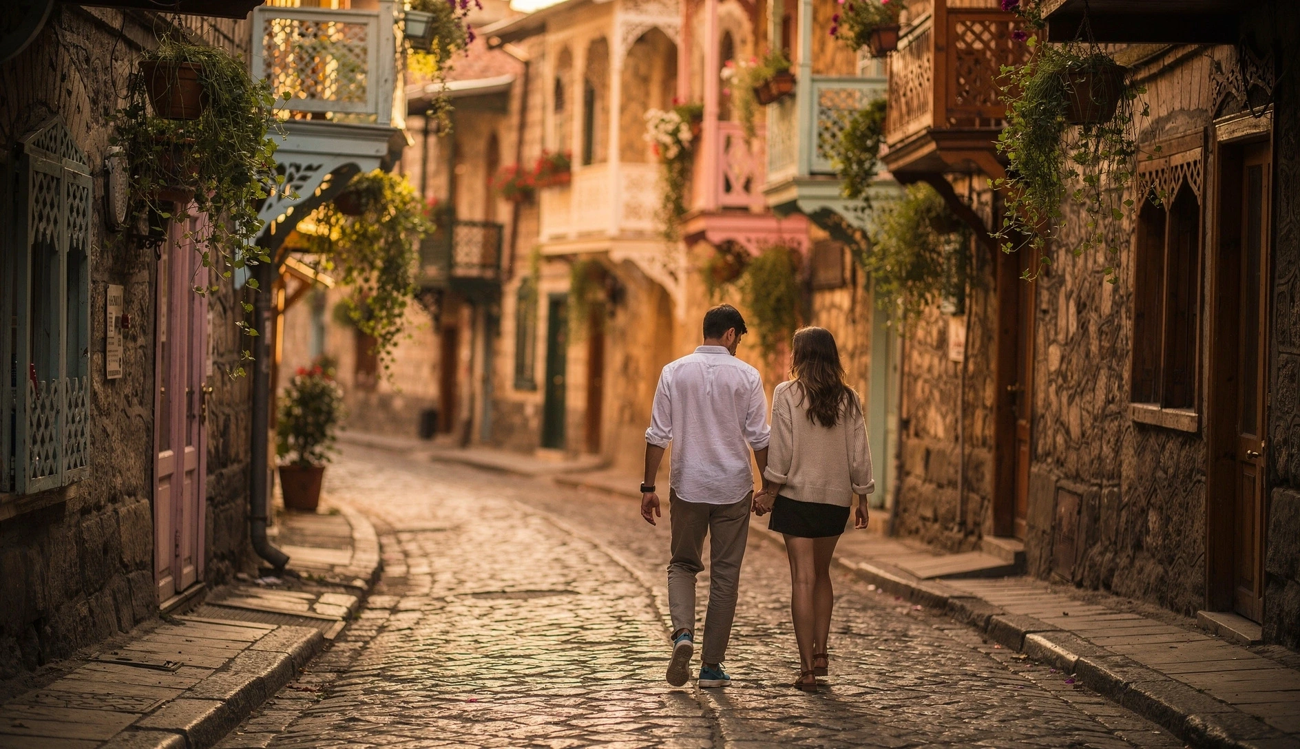 Couple walking through a charming old Tbilisi cobblestone street with traditional balconies at golden hour