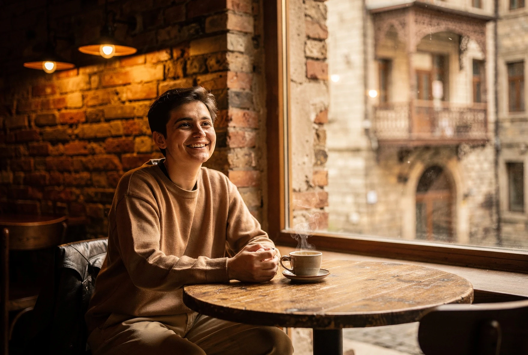 Person relaxing at a cozy Tbilisi café after dental appointment