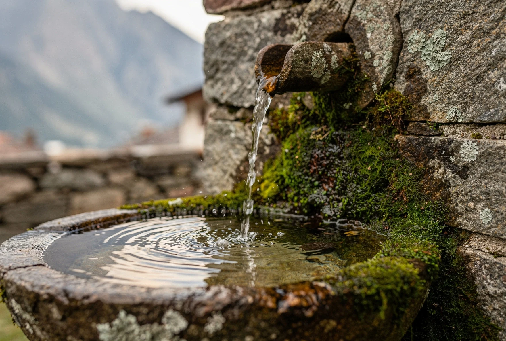 Crystal clear mountain spring water flowing from stone fountain