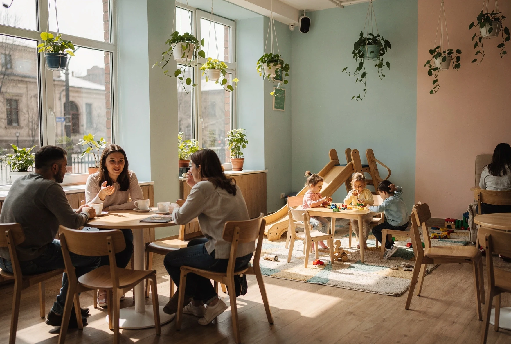 Bright kid-friendly café in Tbilisi with a small play area and parents having coffee