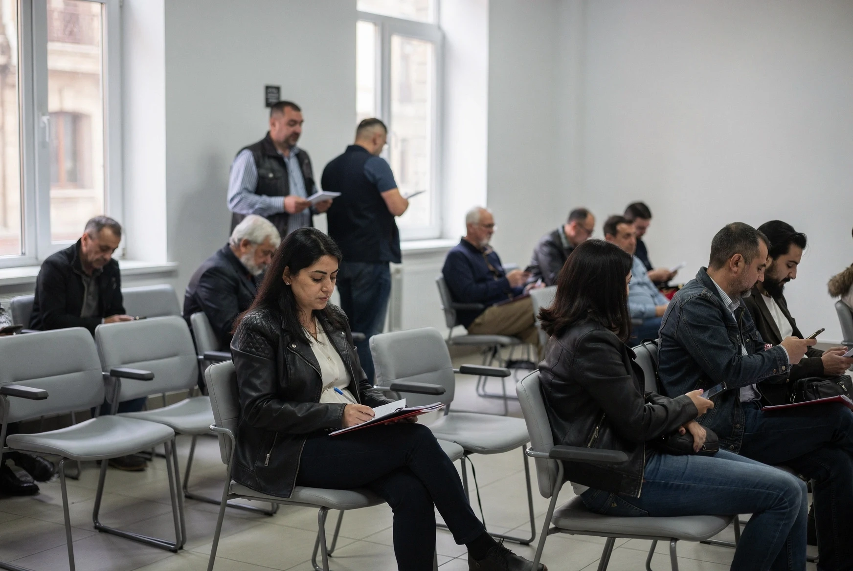 Waiting area inside a Georgian public service hall with people seated and holding documents