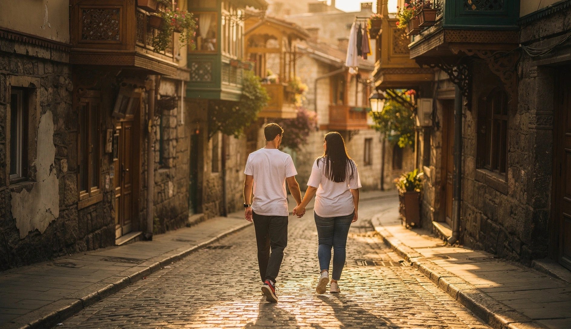 Couple walking along a cobblestone street in Tbilisi's Old Town at golden hour