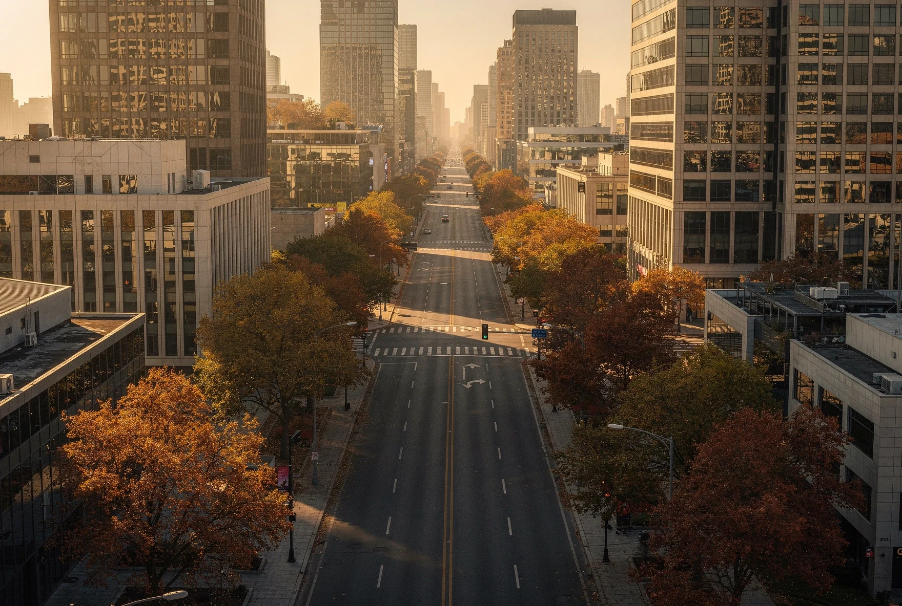 Modern Tbilisi business district with glass buildings and tree-lined streets in golden afternoon light