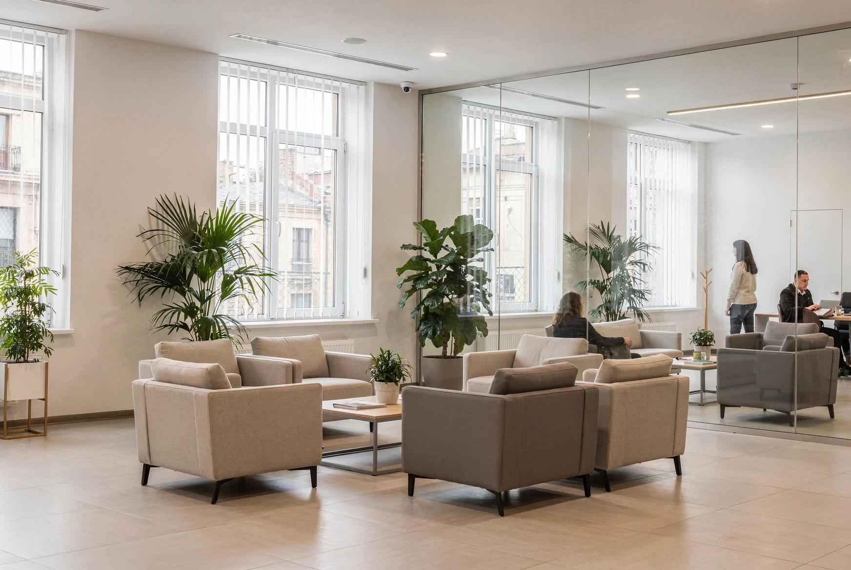 Modern bank waiting area in Tbilisi with consultation rooms and soft seating