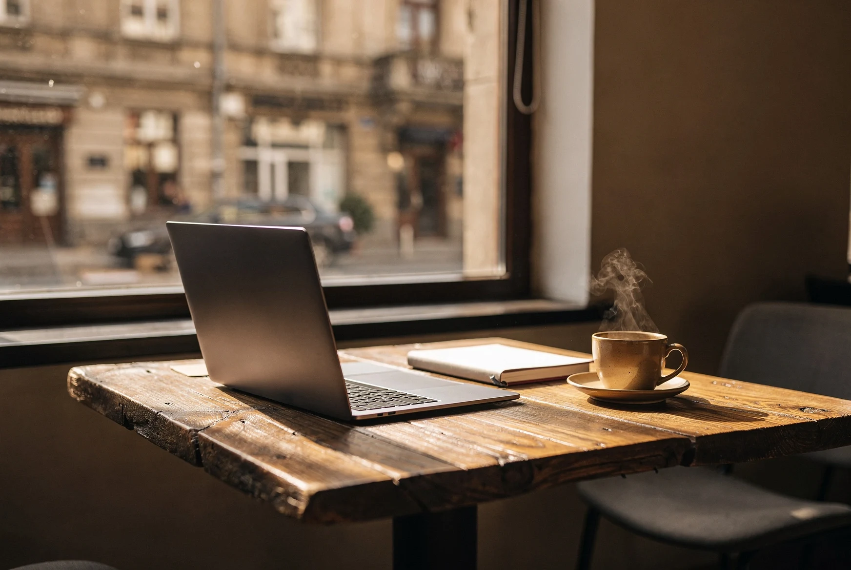 Laptop and coffee on a cafe table near a city window