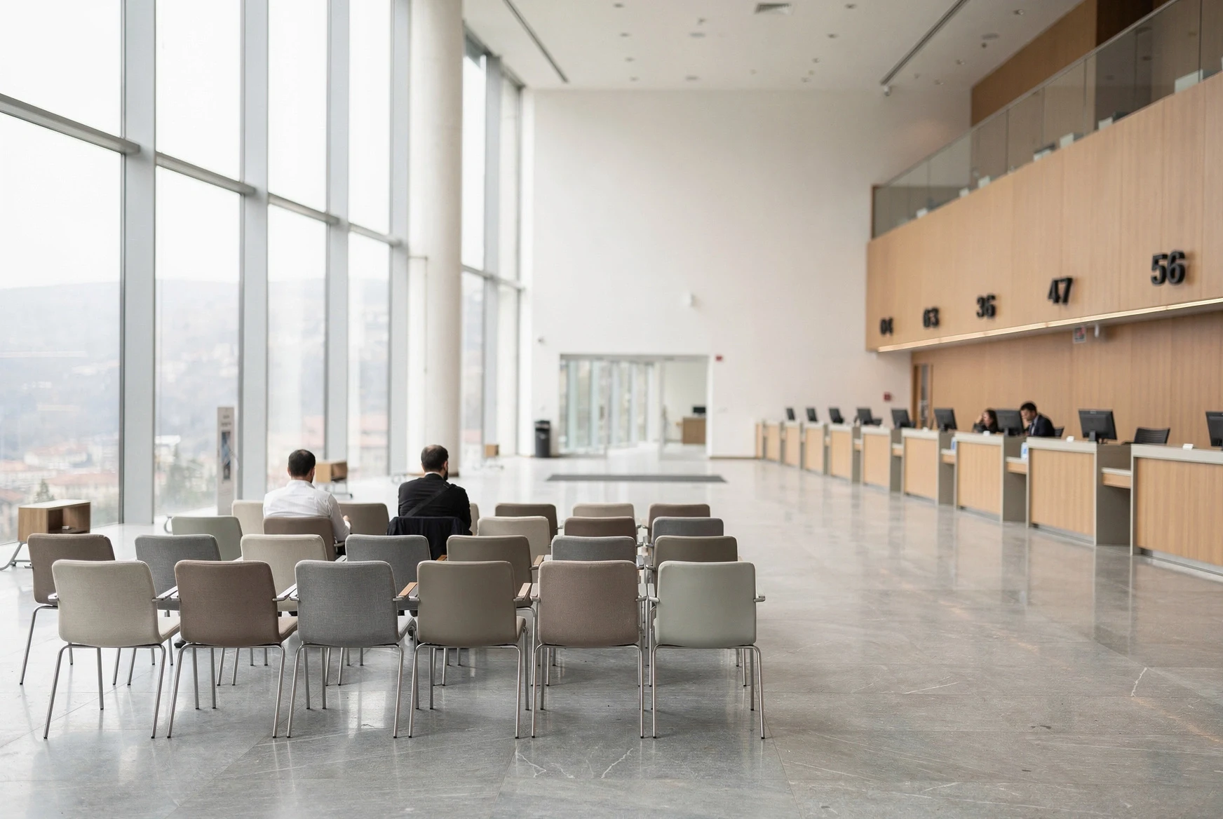 Modern government service hall interior in Tbilisi with waiting area and service counters