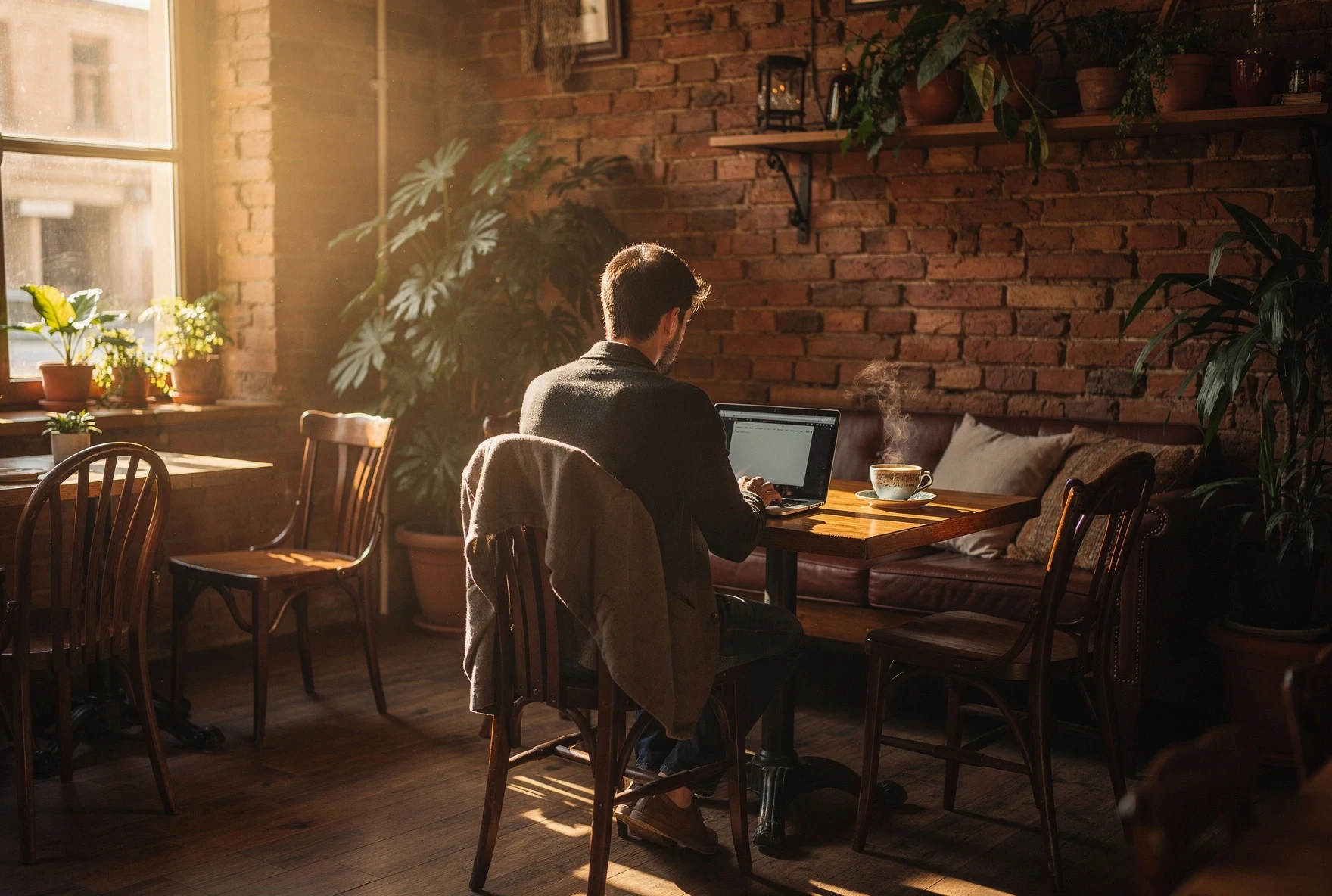 Cozy café interior in Tbilisi with laptop and coffee, warm afternoon light