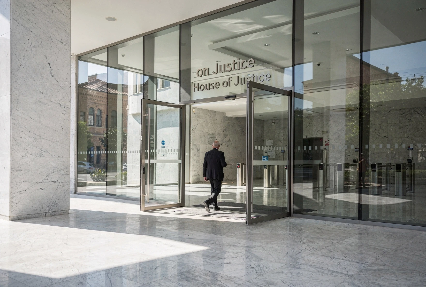 Modern government building entrance with glass doors and bright interior