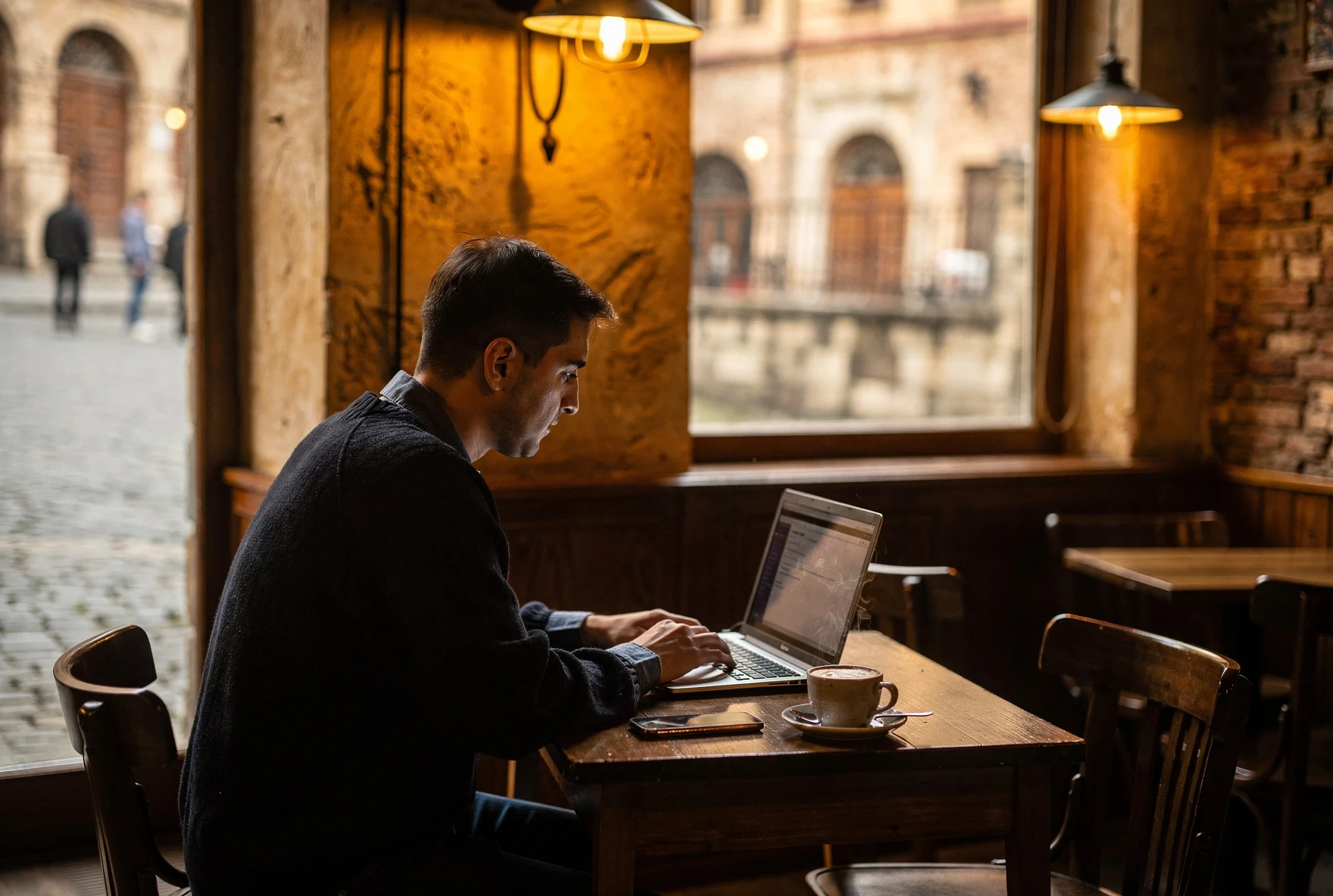 Person working on laptop at cozy Tbilisi cafe