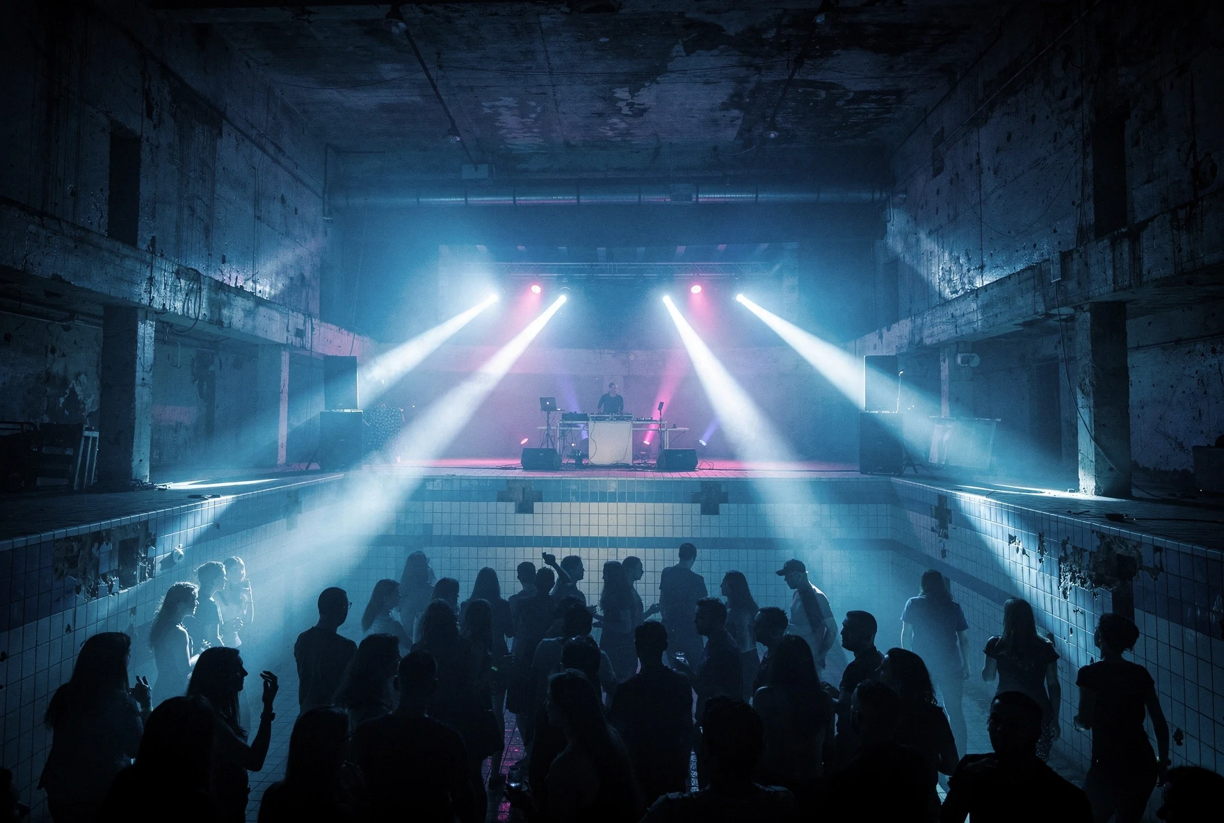 Underground techno club interior with industrial atmosphere and dramatic lighting