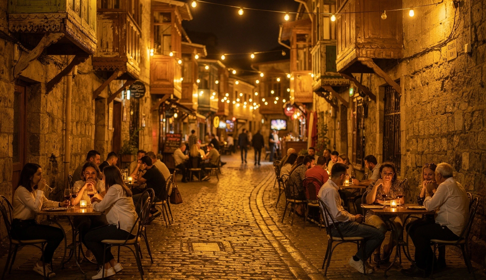 Atmospheric bar street in Tbilisi Old Town with string lights and outdoor seating at night