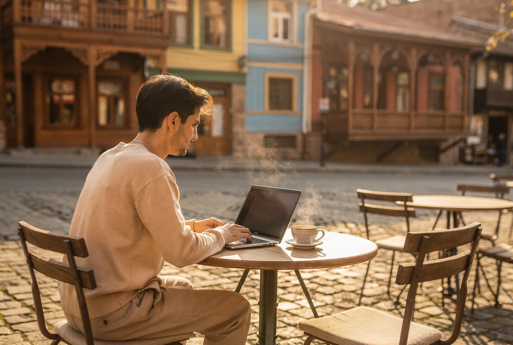 Person working from a café terrace in Tbilisi with traditional wooden balconies in the background