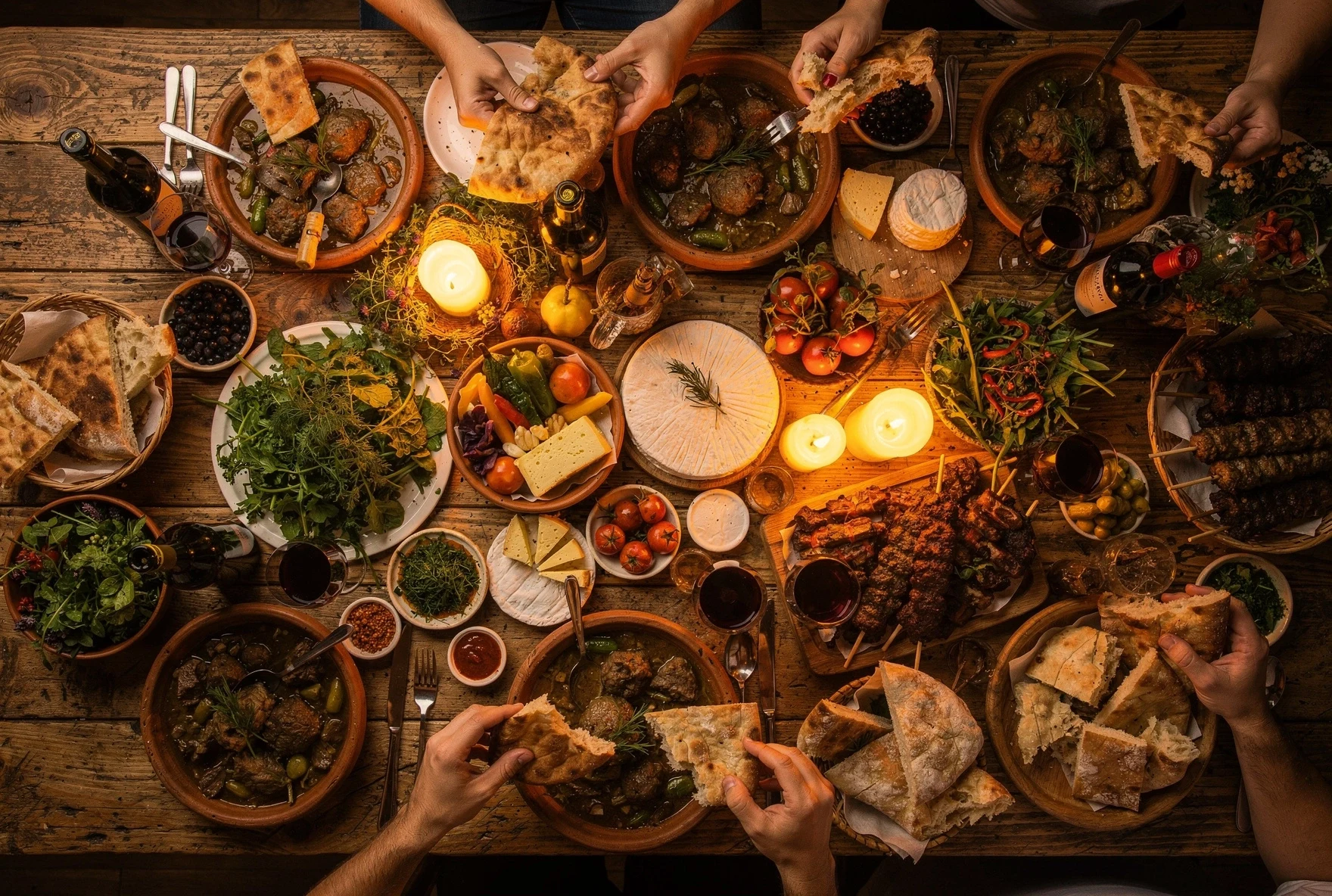 Overhead view of a traditional Georgian supra feast table loaded with dishes, bread, cheese, and wine glasses
