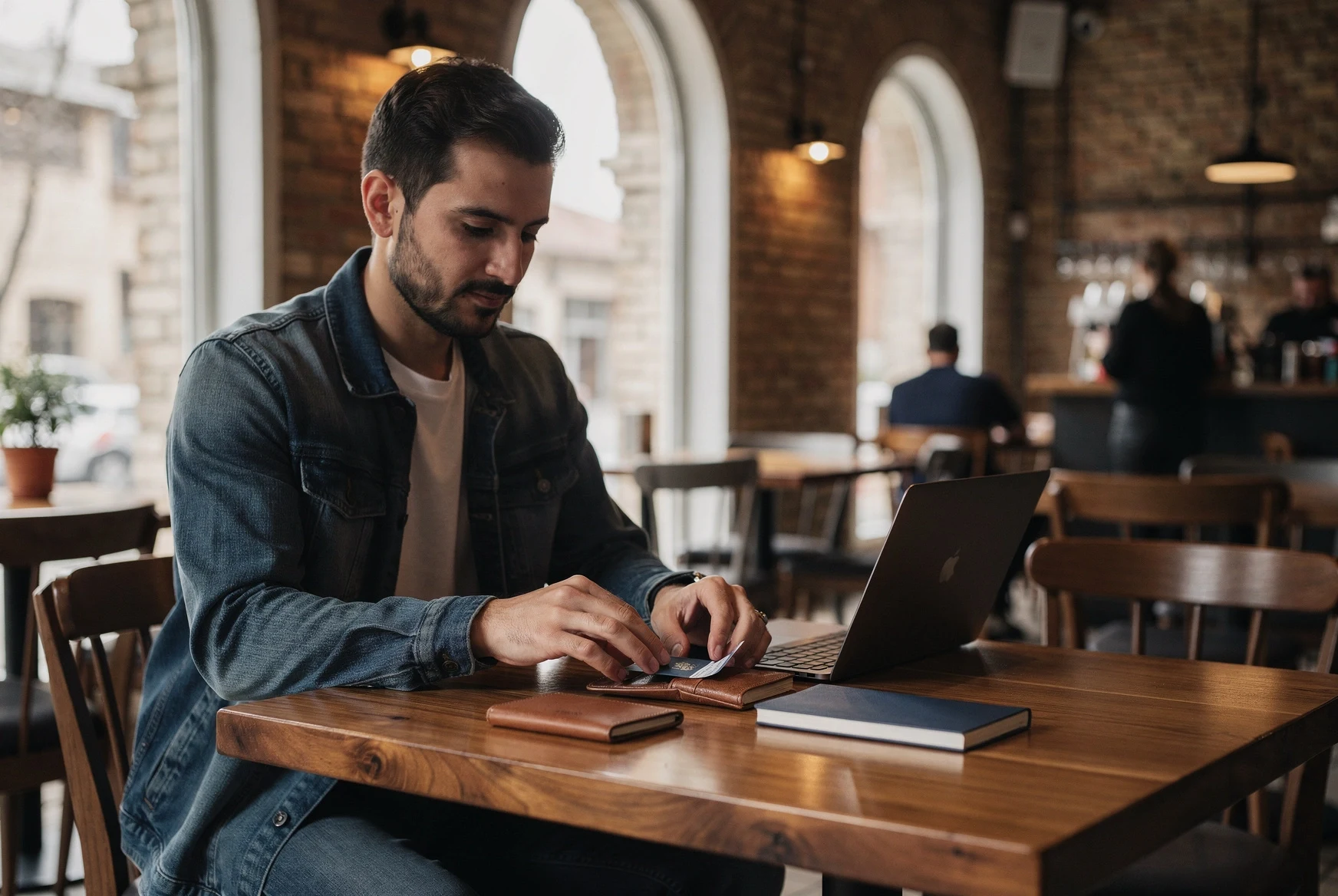 Remote worker organizing passport and notebook in a Tbilisi cafe before tax paperwork