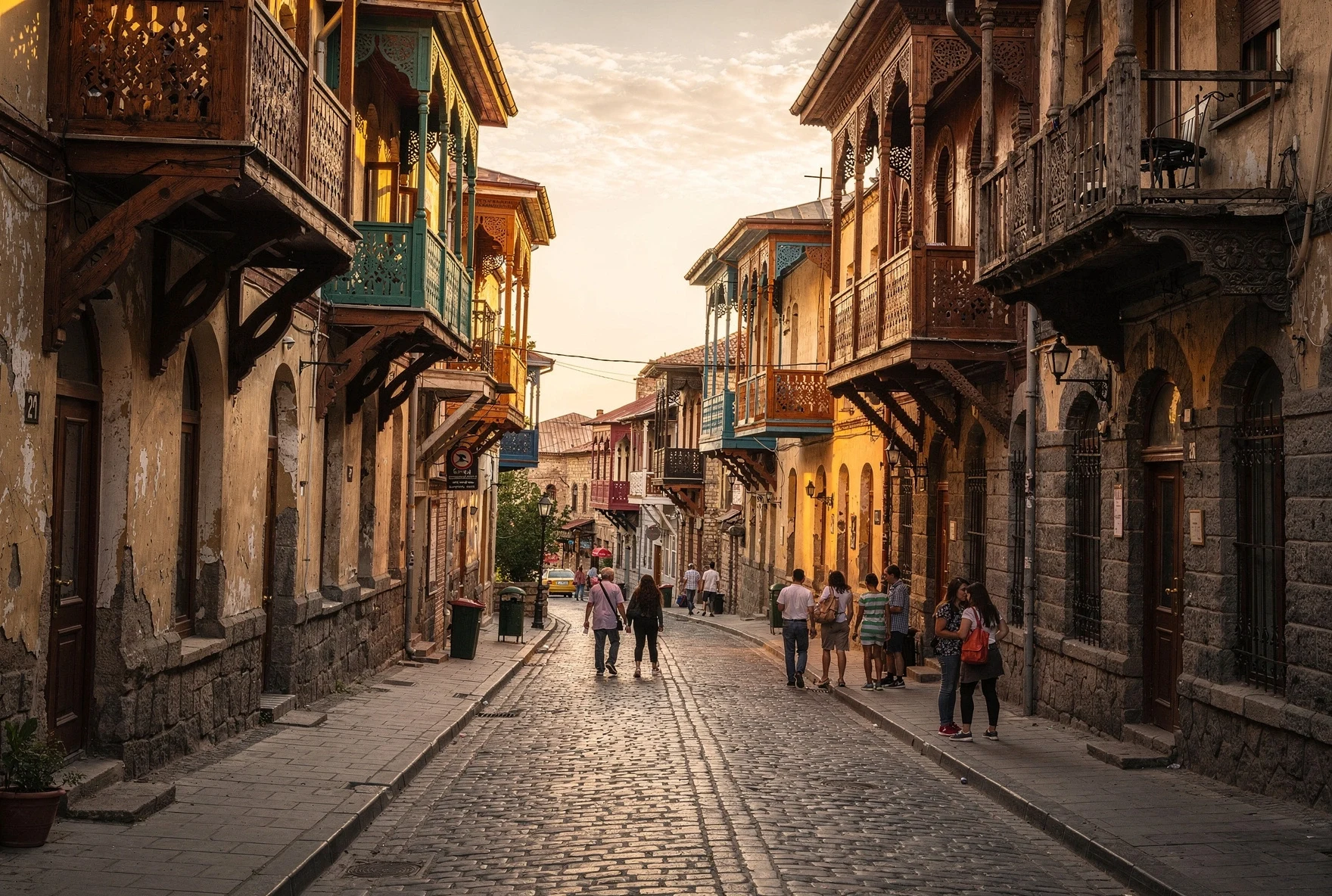 A charming street in Tbilisi's Old Town with traditional balconies — central branches near these areas handle foreigners daily