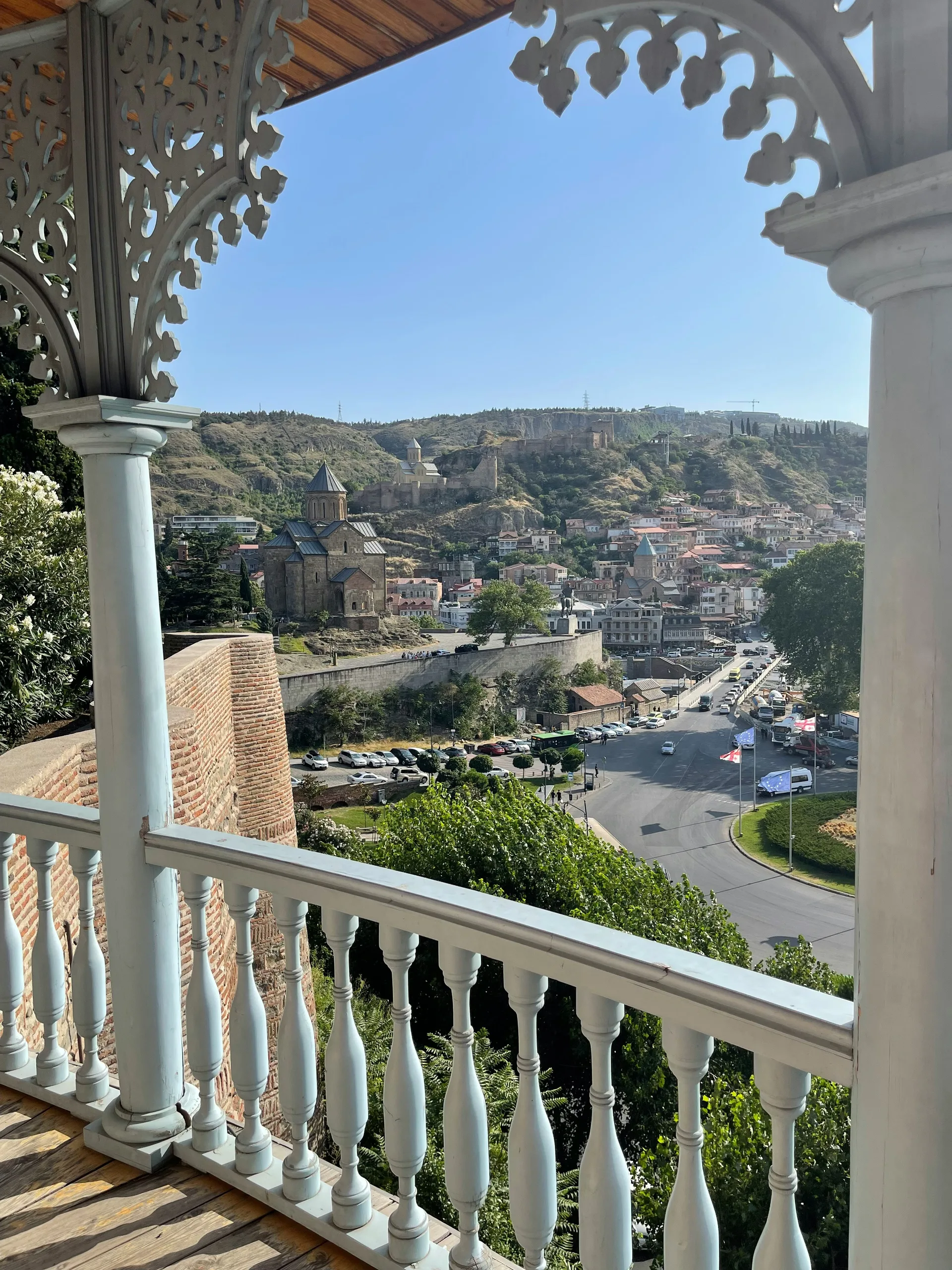 Traditional wooden balcony on a Tbilisi apartment building