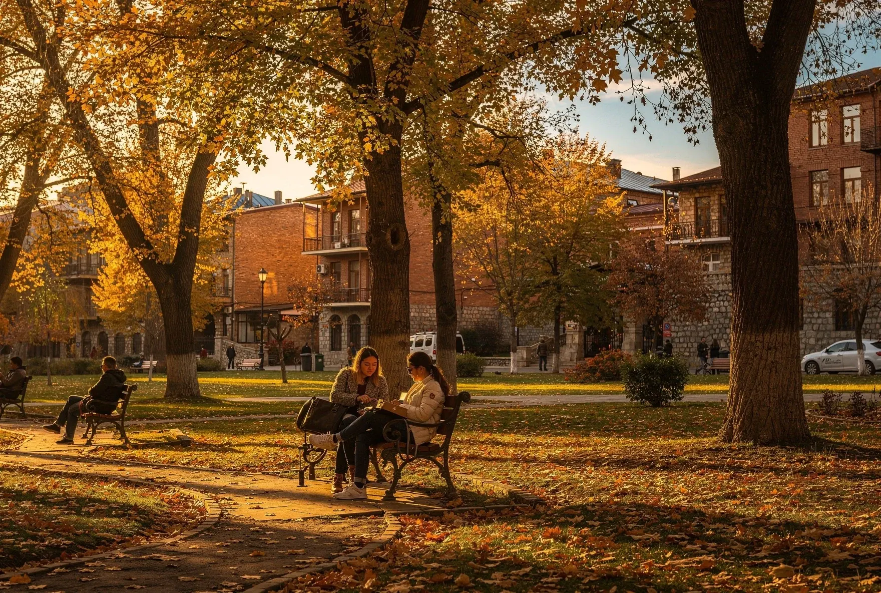 Tbilisi park in autumn with golden leaves on trees and warm afternoon light