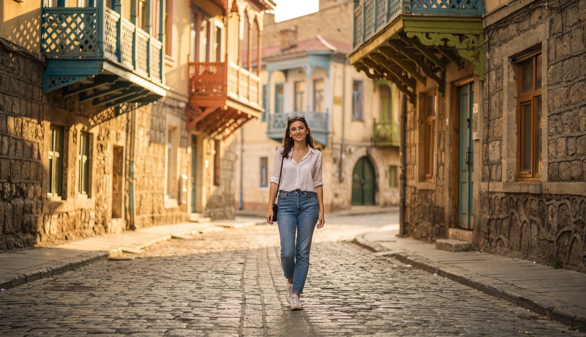 Woman walking along a sunny cobblestone street in Tbilisi old town with traditional wooden balconies