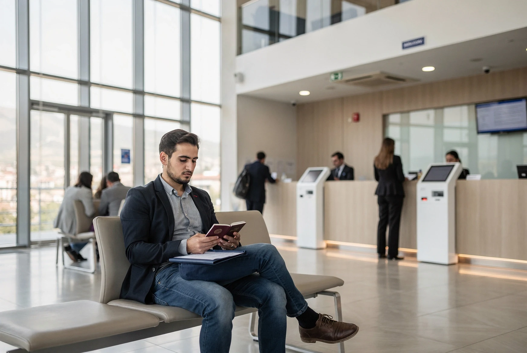 Applicant waiting in a modern Tbilisi public service hall with a folder of documents